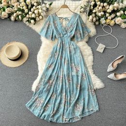 Basic Casual Dresses SINGREINY Women Chiffon Floral Long Dress Korean V Neck Short Sleeve Ruched Aline Summer Bohemian Print Beach 230518