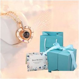 Pendant Necklaces Love Heart Projection Necklace With Luxury Rose Gift Box For Girlfriend Wife 2023 Valentine 100 Languages I You Dr Dhvzb