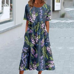 Casual Dresses Women Summer Dress Loose Fit O Neck Midi Flower Print Wide Hem Short Sleeves Ladies Pockets A-line Lady