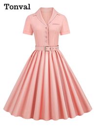 Basic Casual Dresses Tonval Pink Solid Cotton Long Robe Button Up Plain Vintage Elegant Women Short Sleeve Belted Pleated Midi Swing Dresses 230519