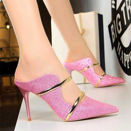 Slippers Golden High Heels Slippers Double Word Belt Outdoor Women's Sequined Cloth Pointed Shallow Thin Temperament Pumps Fashion Luxury J230519