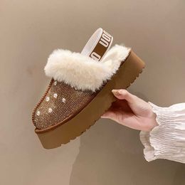 Slippers Winter Women Plus Rhinestones PU Leather Fur Indoor Slippers Warm Comfortable Women Shoes Size 35-40 X230519