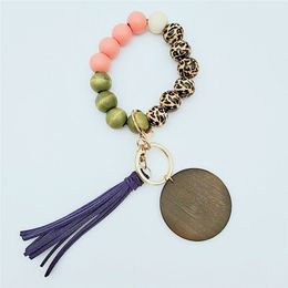 Leopard Print Wood Bead Keychain Party Gift Wooden Beaded Tassel String Bracelet Key Ring Wrist Strap Keychains For Women Girl DD709