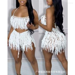 Women's Tracksuits Women Sexy Beachwear Two Piece Set Fashion See Through Taseel Strap Crop Top High Waist Shorts Clothing Suit