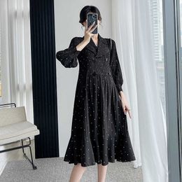 Maternity Clothes Spring Autumn New Fashion Double Breasted Pleated Elegant Formal Red Polka Dot Long Sleeves Pregnancy Dress