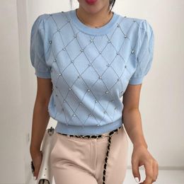 Women's Blouses Summer Korean Fashion Women Blouse 2023 Puff Short Sleeve O Neck Tops Mujer Casual Elegant Hollow Out Thin Ice Silk Knit