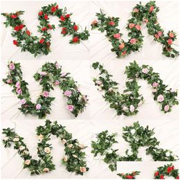 Decorative Flowers Wreaths Tea Rose Vine 240Cm Artificial Silk Fabric Party Home Yard Garland Decor Festival Rattan String Dhjas