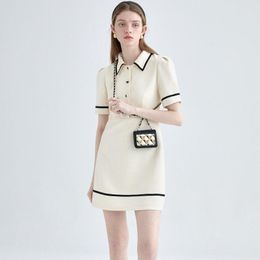 Dresses Puff sleeve dress women's summer solid Colour sweet new ins contrast Colour polo collar French college style small fragrant skirt