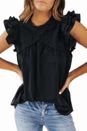 black Ruffle Sleeve Pleated Yoke Loose Top 2023 Hot New F8uC#