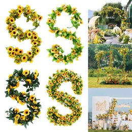 Decorative Flowers Yellow Sunflower Vine Wall Hanging Artificial Ivy Garland Leaves Fake Silk For Party Wedding Home Decoration