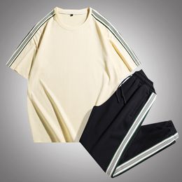 Mens Tracksuits Brand Sportswear Set Two Piece T Shirts Sweatpants Tracksuit Male Sports Suits Jogging Striped Khaki White 230518