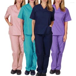 Women's Pants 2pcs/Set Solid Colour Uniform Women Men Short Sleeve V Neck Top Long Scrubs Scrub Sets Unisex Working