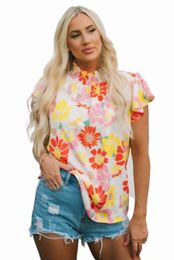 multicolor Stand Collar Flutter Sleeves Floral Top q7Xu#