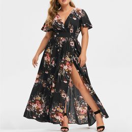 Plus size Dresses Size for Women Sexy Bohemian Vneck Floral Print Maxi Dress Short Sleeve Boho Beach Party Long Vestidos 5XL 230519