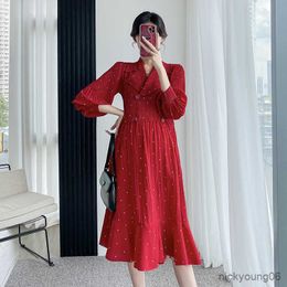 Maternity Clothes Spring Autumn New Fashion Double Breasted Pleated Elegant Formal Red Polka Dot Long Sleeves Pregnancy Dress R230519