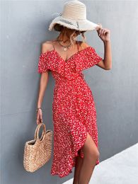 Basic Casual Dresses Summer Models Ladies Dress Sexy Oneshoulder Floral Elegant Suspender High Wasit Irregular Long For Women 230519