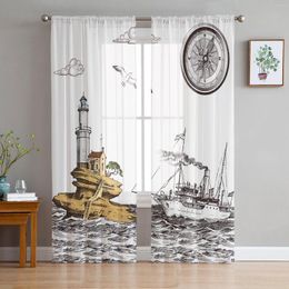 Curtain Retro Lighthouse Sailing Ship Lines Voile Sheer Curtains Living Room Window Tulle Kitchen Bedroom Drapes Home Decor