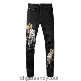 and Denim amirres Jeans Designer Pants Man made letter-printed tassels washed of old black one-knee hole stretch slim fit men's jeans fashion leggings 69RC