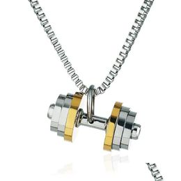 Pendant Necklaces Stainless Steel Gold Dumbbell Fitness Men Punk Rock Barbell Necklace Jewellery Gift For Him With Box Chainpendant Dr Dhbde