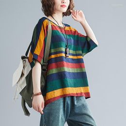 Women's T Shirts Vintage Striped Cotton Linen Women T-Shirts 2023 Summer O-Neck Flare Sleeved Loose Casual All Match Oversized Female Tops