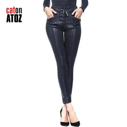 Jeans catonATOZ 2220 Women Fashion Black Punk Motor Biker Lace UP Pants Stretch Slim Fit Plus Velvet Thick Warm PU Leather Trousers