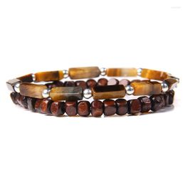 Strand 2pc/set Natural Tiger Eye Bracelets Men Handmade Rectangle Stone Beads Bangle Elastic Women Jewlery Wooden Charm Pulsera