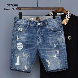 Mens Jeans Summer Denim Shorts High Street Scraped Hole Print Korean Fashion Fit Quintuple Pants Men 230519