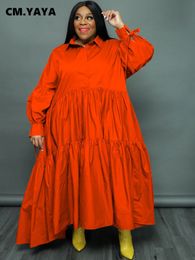 Plus size Dresses CM.YAYA Size Women Lapel Collar Long Sleeve Single Breasted High Low Asymmetrical Big Swing Loose Shirt Smock Maxi Dress 230518