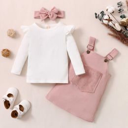 Clothing Sets Kids Girls Clothes Set Fall Baby Girl Long Sleeve Solid Pullover TopsandSuspender SkirtandHeadband 3PCS Outfit Children Clothing Set