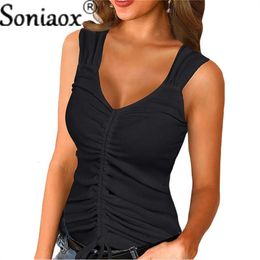 Women s Tanks Camis Fashion Women Lace Up Black Tank Tops Sexy Sleeveless Drawstring Slim Fit Top Club Summer Casual Streetwear Vest T Shirt 230519