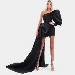 Black Sheath Mini Evening Dresses With Ribbon One Shoulder Puff Sleeves Sexy Short Prom Gowns Pleat Column Vestido de Noche