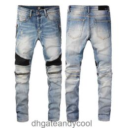 Amirres Jeans Designer Pants Man New High Street Fashion Jeans Denim Men's Youth Splice Zipper Made Old Punk Style Slim Fit Feet Pants AXM6