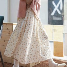 Vintage Relief Sculpture Floral Skirt Women's Mid-length 2022 New Elastic Waist Printing A-line Skirts Cute dent Girl's P230519