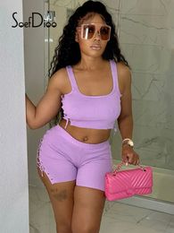 Womens Two Piece Pants Soefdioo Solid Hollow Out Bandage Set Women Sexy Crop Tank Top and Tight Shorts Matching Summer Fashion Tracksuit 230518