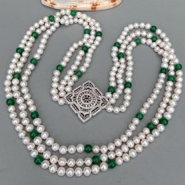 Pendant Necklaces Strands Freshwater Cultured White Pearl Green Jade Cz Pave Necklace Lady Jewellery 32" -34"Pendant NecklacesPendan