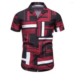 Men's Casual Shirts Red Black Contrast Cuban For Men 2023 Summer Short Sleeve Beach Hawaiian Vintage Button Down Bowling