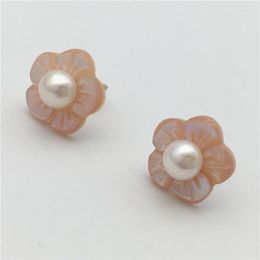 Stud Earrings Hand Carved Real Pink Shell 925 Sterling Silver Flower Pearl Woman Gift Fashion Jewelry Earring 12MM