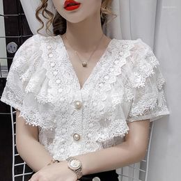 Women's Blouses Ruffled Stitching Elegant Lace Shirt Female V-neck Hollow Vintage Women Korean Short Sleeve Crochet Blouse Blusas 14175