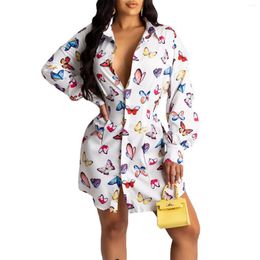 Casual Dresses Butterfly Print Sexy Shirt Dress Women 2023 Autumn Long Sleeve Mini Streetwear Fashion Loose Blouse Vestido