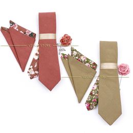 Neck Ties Luxury Patchwork Cotton Floral Solid 7cm Necktie Set Brooch Pin Handkerchief Men Wedding Party Cravat Gift Accessory 230519