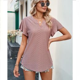 Women's Blouses Women's V-neck Ruffles Women Tops And White/Pink Summer Short Sleeve Loose Hollow Out Blouse Oversized Shirts