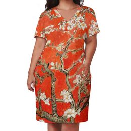 Plus size Dresses Vincent Van Gogh Dress V Neck Red Almond Blossoms Cute Dresse Streetwear Pattern Casual With Pockets Size 4XL 230519