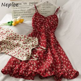 Basic Casual Dresses Neploe Vintage Print Bohemian Holiday Dress Women High Waist Hip A Line Slim Vestidos V Neck Sleeveless Off Shoulder Robe Summer 230518