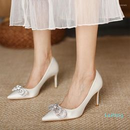 Dress Shoes 31-43 Pointed Satin Rhinestone Bow High Heels Women White Wedding