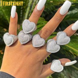 Band Rings Iced Out Bling Big Heart Ring Gold Silver Colour Rectangle CZ Micro Pave Cubic Zircon Finger Hip Hop Punk Men Women Jewellery 230519