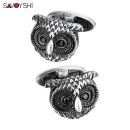 SAVOYSHI Novelty Animal Ancient Silver Colour Owl Cufflinks with Black Crystal Eyes for Mens Shirt Accessories Free carving name