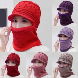 Berets Ladies Winter Scarves Warm Rope Needle Plush Lining Windproof Full Cover Drawstring Earmuffs Hooded Scarf