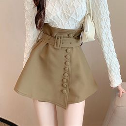 Skirts Women Korean A-Line Mini Belt Skirts Ladies Autumn Winter Fashion Solid High Waist Sexy Bud Skirt Female Slim Casual Streetwear 230519