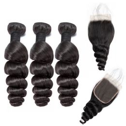 Wholesale Brazilian Loose Wave Hair Bundles Cheap 9A Peruvian Indian Malaysian Human Hair Extension Loose Wave With 4x4 Lace Closure