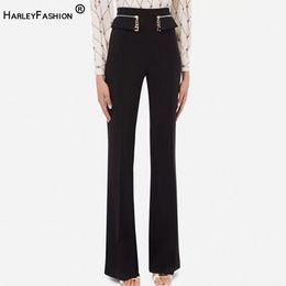 Capris HarleyFashion Womnen Black Wide Leg Pants High Waist Chain Zipper Full Length Quality Trousers